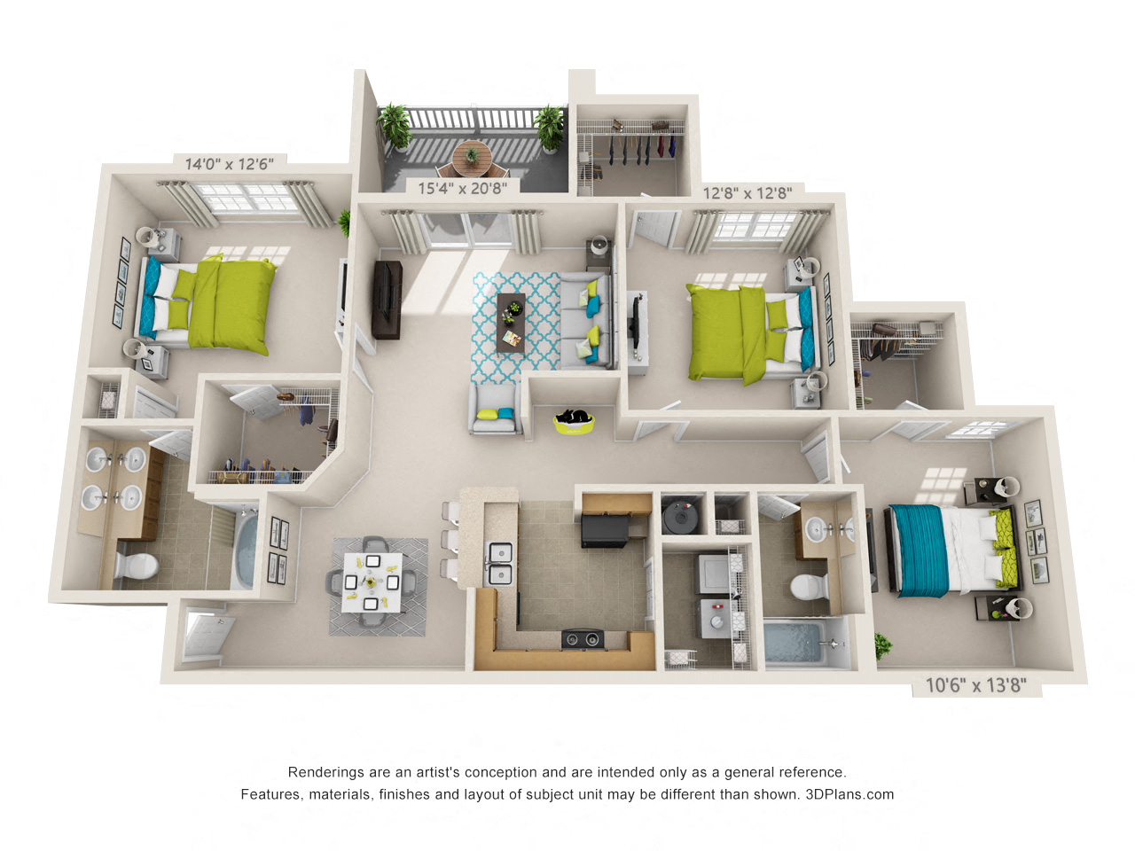 Floor plan for 3 beds, 2 baths, 1316 sqft